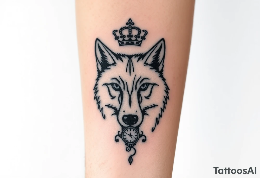 Minimalist linework tattoo featuring a wolf’s head with calm, wise eyes, a half-broken crown above it, and a small compass and vintage clock integrated into the design. Clean black ink, elegant, symbolic, forearm tattoo placement. tattoo idea