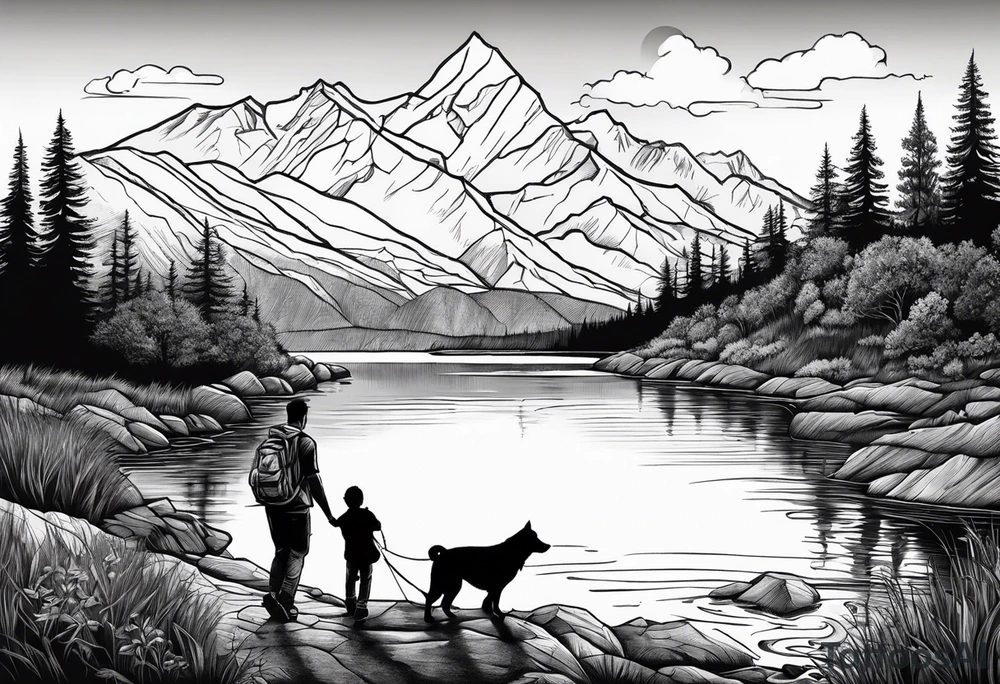 nature, sunset, mountains, a father and son hiking with their dog and cat by the water tattoo idea