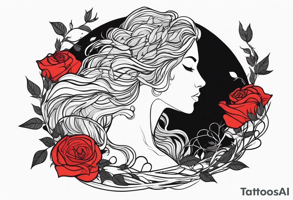Mother Nature. Side profile with small roses branches and leaves intertwined with her hair. She’s looking at her hands. There is a small rose growing from it tattoo idea