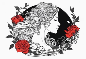Mother Nature. Side profile with small roses branches and leaves intertwined with her hair. She’s looking at her hands. There is a small rose growing from it tattoo idea