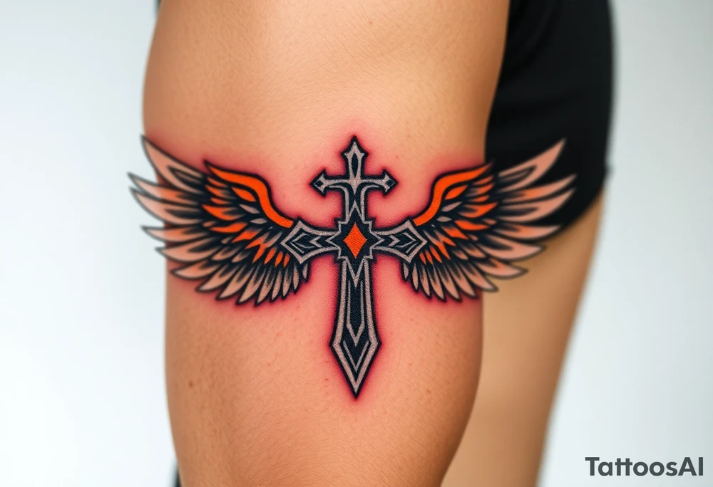 A silver gothic cross with large angelic wings, softly shaded in white and gray, glowing with divine golden light tattoo idea