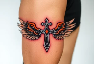 A silver gothic cross with large angelic wings, softly shaded in white and gray, glowing with divine golden light tattoo idea