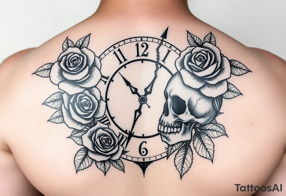 Broken Clock face 11:43 as set time. With roses and skull looking to the clock feminine tattoo idea