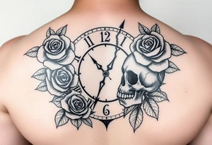 Broken Clock face 11:43 as set time. With roses and skull looking to the clock feminine tattoo idea