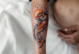 Full arm sleeve, one koi fish, one tiger, the sun, cherry blossom filler, beautiful tattoo idea