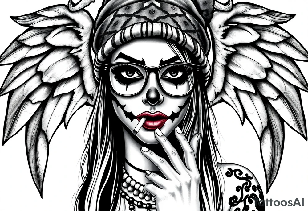 Chicana sexy chunky plus size beautiful long hair clown makeup angel wings thug beanie eyeglasses smoking a cigarette tattoo idea