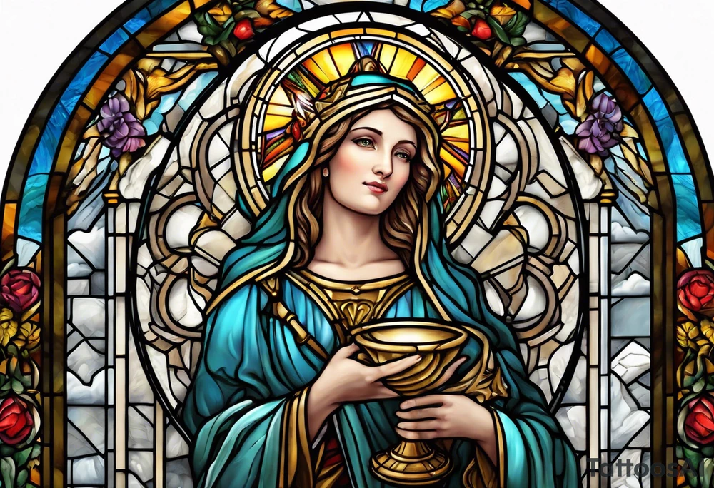 holy saint woman with halo stained glass holding a chalice with artillery tattoo idea
