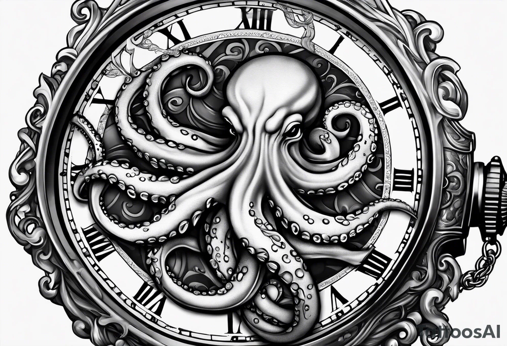 Forpocket watch wrapped under an aggressive octopus, lateral view tattoo idea