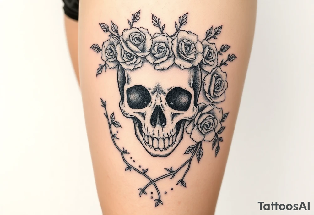 ornate skull adorned with crown of wild roses and thorns overlaid lace curtain design tattoo idea