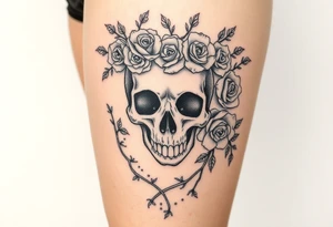 ornate skull adorned with crown of wild roses and thorns overlaid lace curtain design tattoo idea
