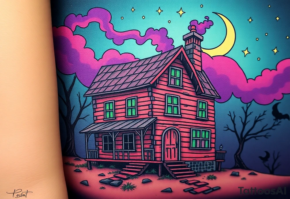 Tim Burton’s haunted pastel wood cabin home is abandoned and dripping with muted reds, dusty pinks, and eerie green glow.purple and cyan smokey clouds swirl in the crescent moonlit sky thats sprinkled with stars tattoo idea tattoo idea