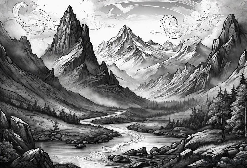 Slyrim mountain landscape with bleak falls barrow and a dragon eye in the sky tattoo idea