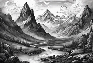 Slyrim mountain landscape with bleak falls barrow and a dragon eye in the sky tattoo idea