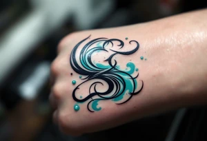 A turquoise "S" surrounded by tribal patterns in bold black lines. tattoo idea