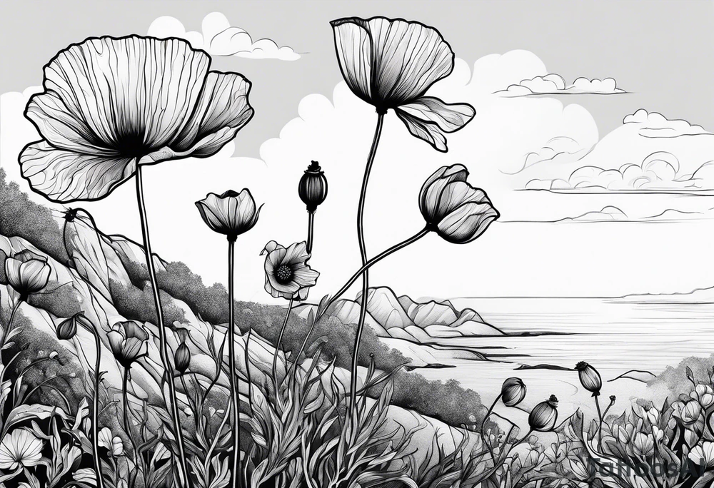 Poppy bush growing on cliff tattoo idea