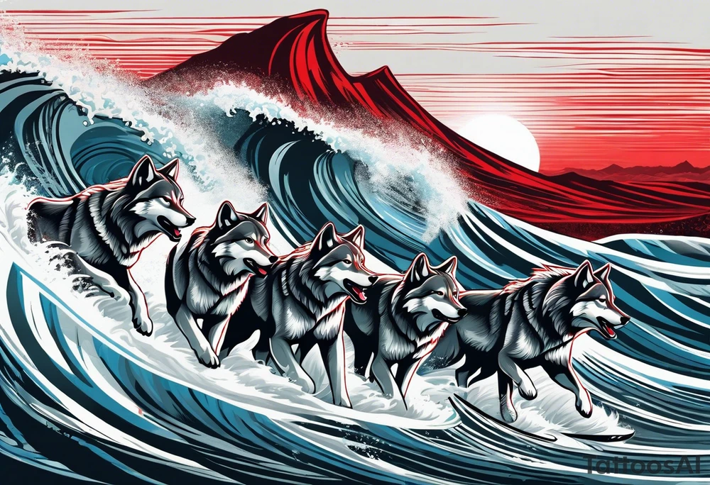 a pack of howling muscular  gray wolves surfing waves with a linear background with red, white and black and gray tattoo idea