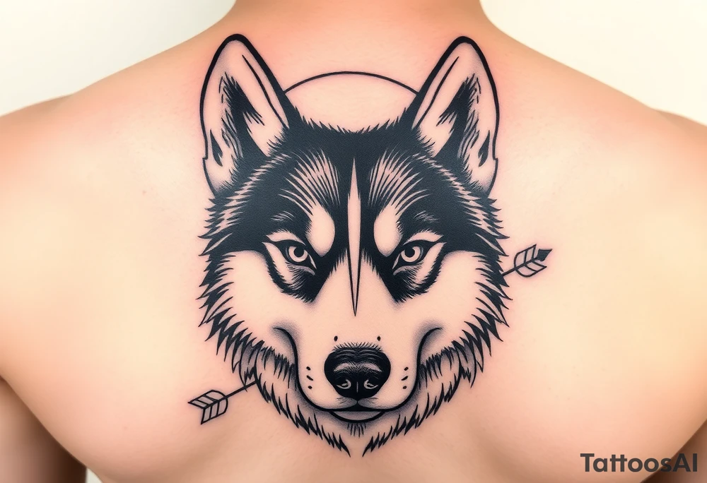 create a tatto of the face of a female husky looking at a half a moon with a arrow crossing tattoo idea
