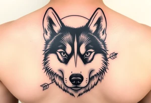 create a tatto of the face of a female husky looking at a half a moon with a arrow crossing tattoo idea