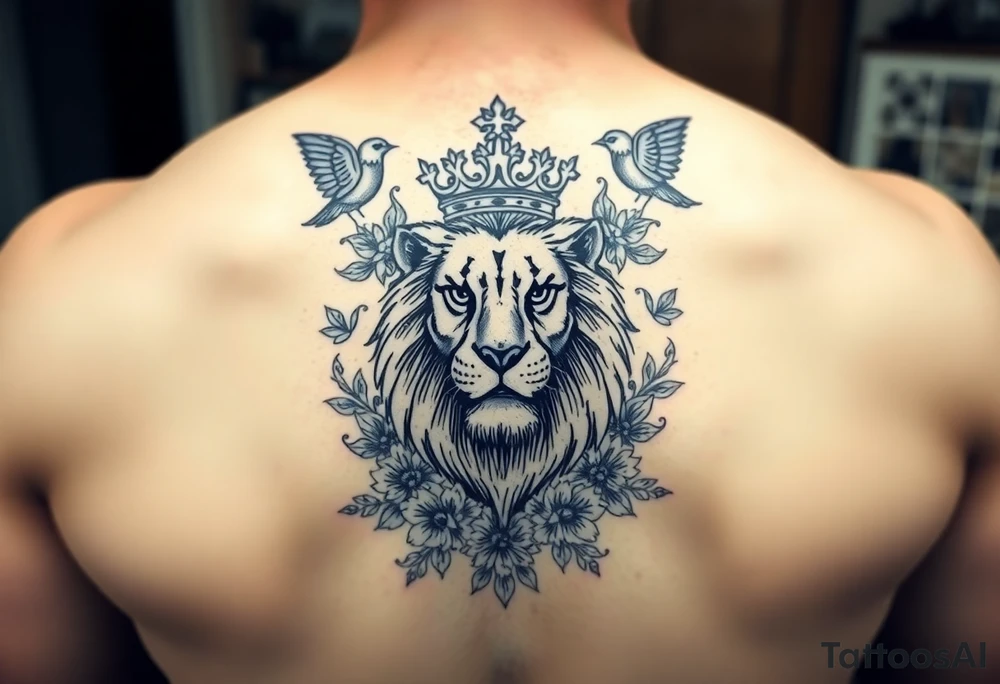 powerful majestic lion with a crown, surrounded by floral ornaments and birds tattoo idea