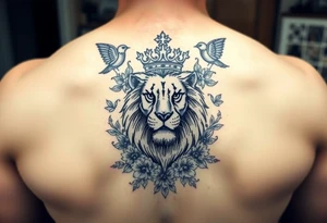 powerful majestic lion with a crown, surrounded by floral ornaments and birds tattoo idea
