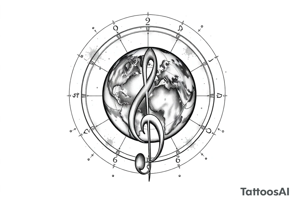 system of the universe with earth and a clef for my love to music, tattoo idea