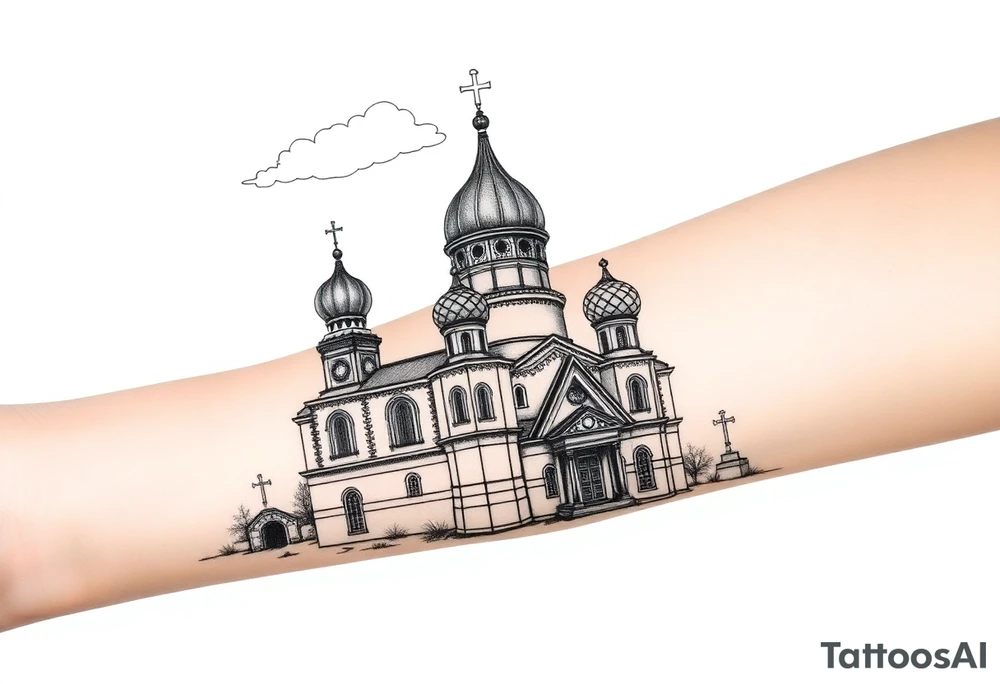 highly detailed Russian Orthodox cathedral sitting on fore arm with onion domes and orthodox crosses, done in fine line, engraving-like style. Cohesive composition, black ink only, no color, high contrast, slightly aged, documentary-style, plain light background. with clouds above it and a virgin mary over looking tattoo idea