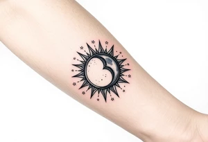 celestial sun and moon embrace with constellation patterns tattoo idea
