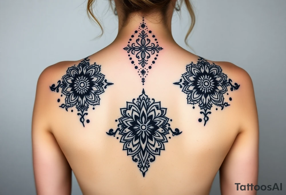 spine tattoo design with symmetrical ornamental patterns, combining dotwork, mandala elements, and flowing lines that follow the natural curves of the body with tribal-inspired lower back tattoo with sweeping symmetrical curves, bold linework, and soft floral accents, creating a feminine yet powerful aesthetic. The design is intricate and balanced. tattoo idea