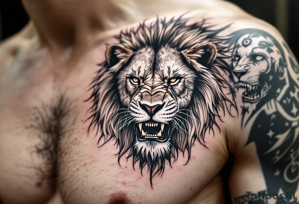 Dawson and dakota names integrated into a mean lion tattoo sleeve tattoo idea