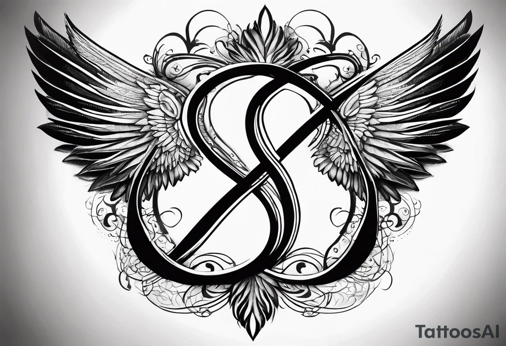 Infinity sign with dates 01/59-02/16 and angle wings in the background tattoo idea Infinity sign with dates 01/59-02/16 and angle wings in the background tattoo idea