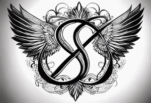 Infinity sign with dates 01/59-02/16 and angle wings in the background tattoo idea