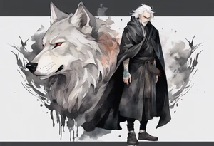 a gaunt man with wolf ears with white hair, grey eyes, and a black cloak standing in the dark tattoo idea