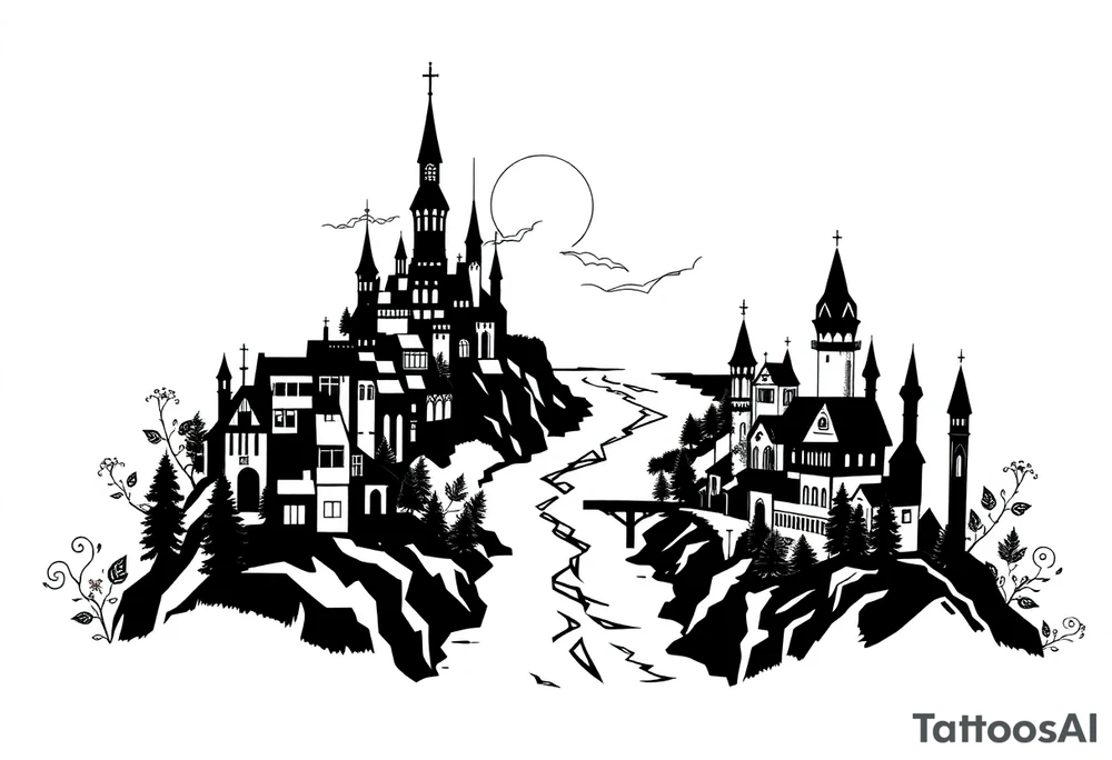 Magical fairytale city with river and bridge tattoo idea