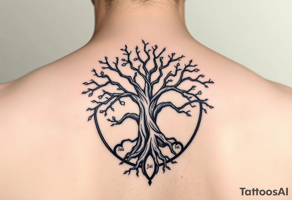yggadrisl tree of life with circle. names Jai , Phoebe, Imogen, Matilda in the circle tattoo idea