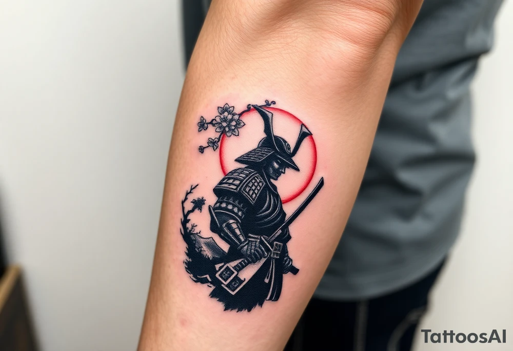 noble samurai warrior silhouette at sunset with cherry blossoms tattoo idea