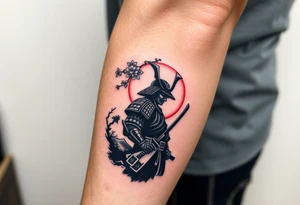 noble samurai warrior silhouette at sunset with cherry blossoms tattoo idea
