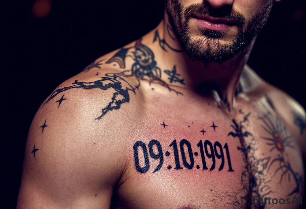 Classic 09.10.1991 in Roman numerals across the ribs with deep mahogany ink. tattoo idea