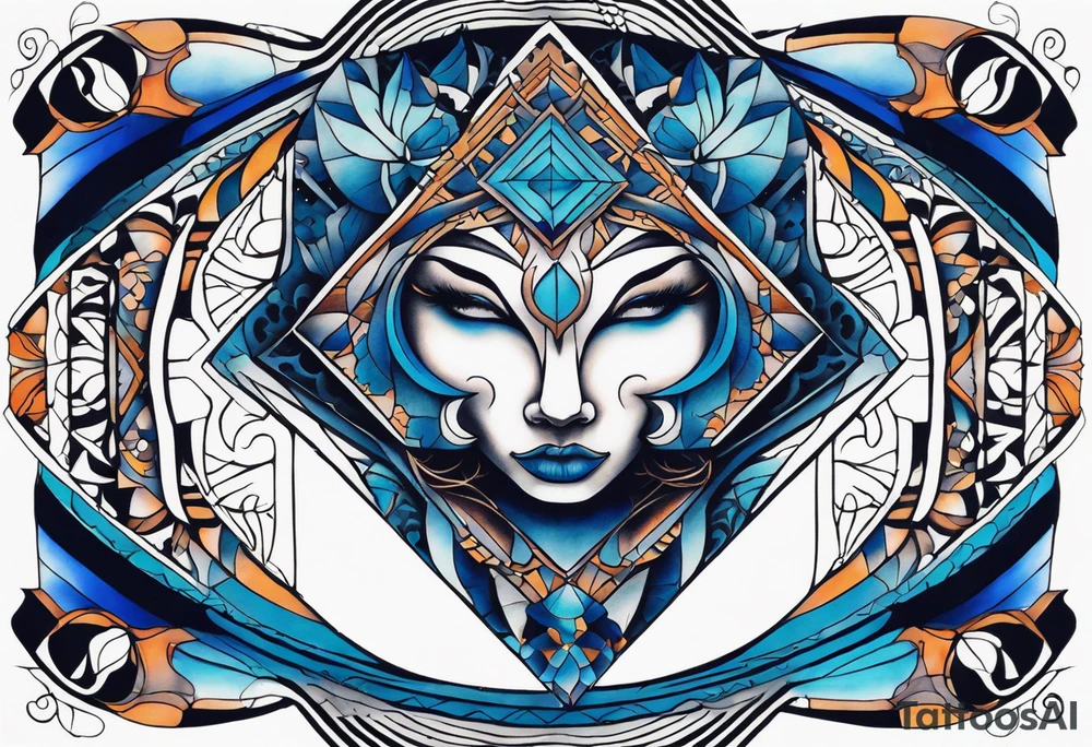 semi Detailed neo traditional knee tattoo flat on paper. The tattoo features geometric patterns and bold lines, creating a visually striking design with slight tints of deep fall colors. The background 
outside the tattoo features deep blues washes and water swirls tattoo idea