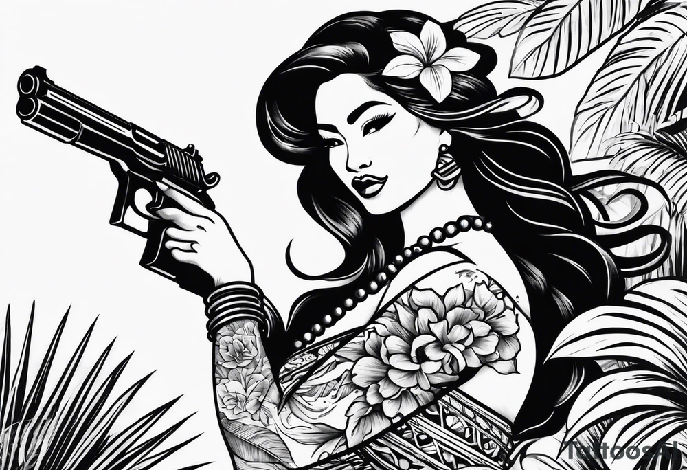 old school tattoo of hula girl in hawaii who play with gun tattoo idea