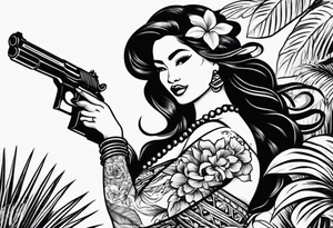 old school tattoo of hula girl in hawaii who play with gun tattoo idea