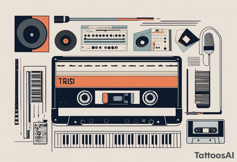 A stylized assembly of various music-related elements. At the center is a cassette tape with realistic details and proportions. It is overlaid with a keyboard, the keys extending outward on one side. There are electric guitars and drums. Intertwined with these are abstract designs, including straight and wavy lines, geometric shapes like triangles, and scientific elements like an atom model. tattoo idea