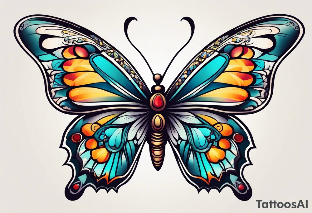 butterfly old school traditional vintage bold colorful tattoo idea