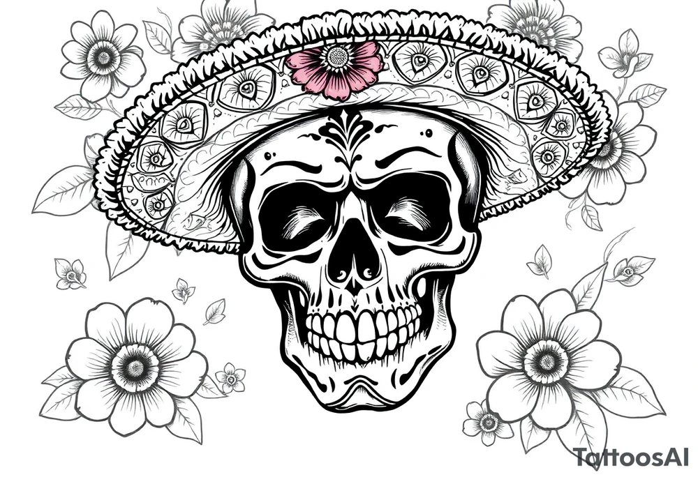 Day of the Dead skull wearing a brightly colored sombrero, vibrant floral background. tattoo idea