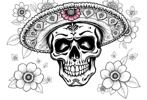 Day of the Dead skull wearing a brightly colored sombrero, vibrant floral background. tattoo idea