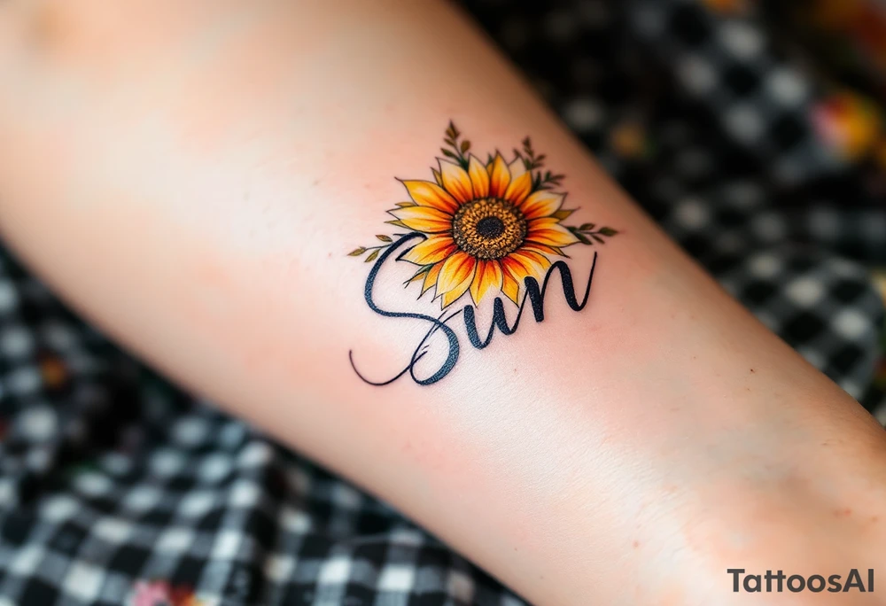 Word "Sun" written with sunflower tattoo idea