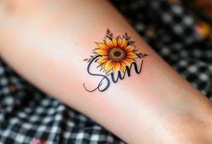 Word "Sun" written with sunflower tattoo idea