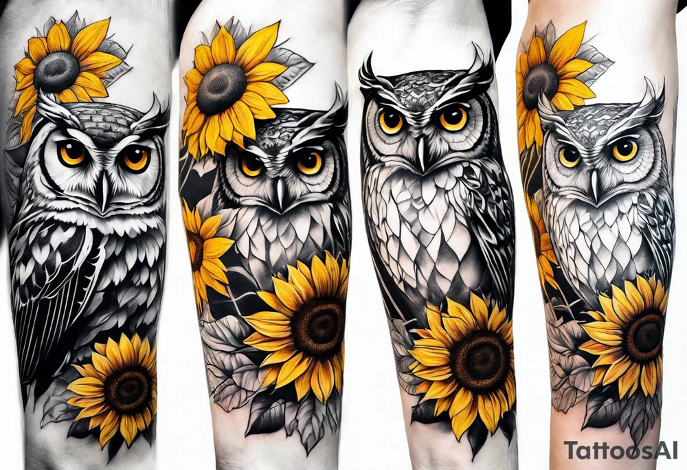 Arm sleeve with owl and sunflowers tattoo idea