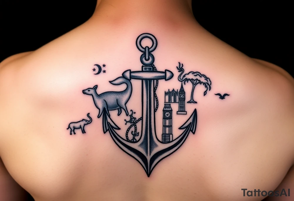 Tattoo for Female on ribs that has anchor, travel, items from each country traveled to:
Australia - kangaroo/koala 
New Zealand
United Kingdom- Big Ben 
Ireland - cliffs of mohr 
France- Eiffel tower 
Kenya - tree
Brazil - amazon
Aruba - beach 
Curacao - beach 
Jamaica - beach 
Mexico
Puerto Rico
St. Thomas
Bahamas
St. Martin
Italy - wine 
Canada - banff 
Spain - basilica 
Portugal - naticionel de Peña 
Azore islands - flowers 
Thailand- elephant 
Iceland tattoo idea