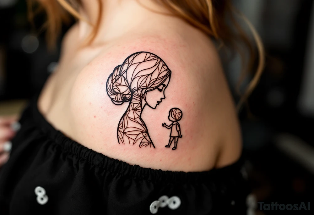 Parent and child silhouette beneath written "Barbora – 4.3.2018 v 16:45", drawn in warm brown lines. tattoo idea