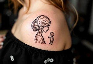 Parent and child silhouette beneath written "Barbora – 4.3.2018 v 16:45", drawn in warm brown lines. tattoo idea